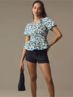 Anthropologie Somerset Blouse, Blue Watercolor Print in size Large 100% Cotton